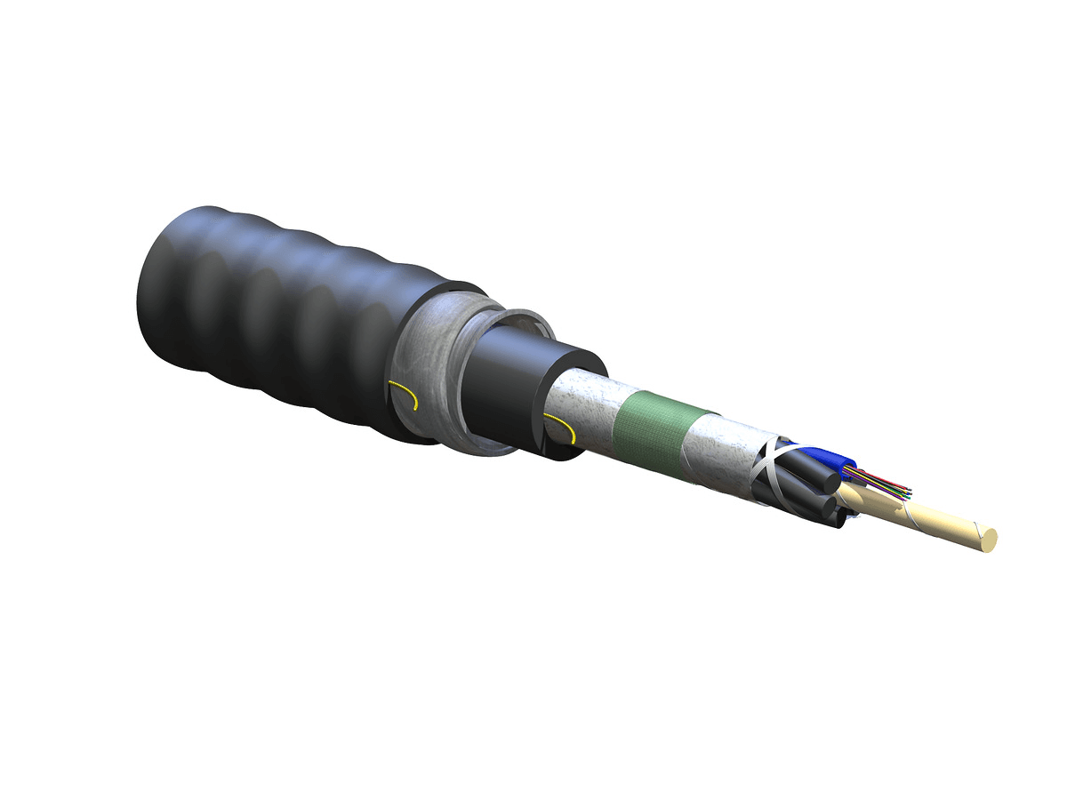 Corning 012TUZ-T4190DAZ, 12 F LSZH™ Loose Tube Interlocking Armored Cable, Gel-Free, 50 µm multimode (OM4)