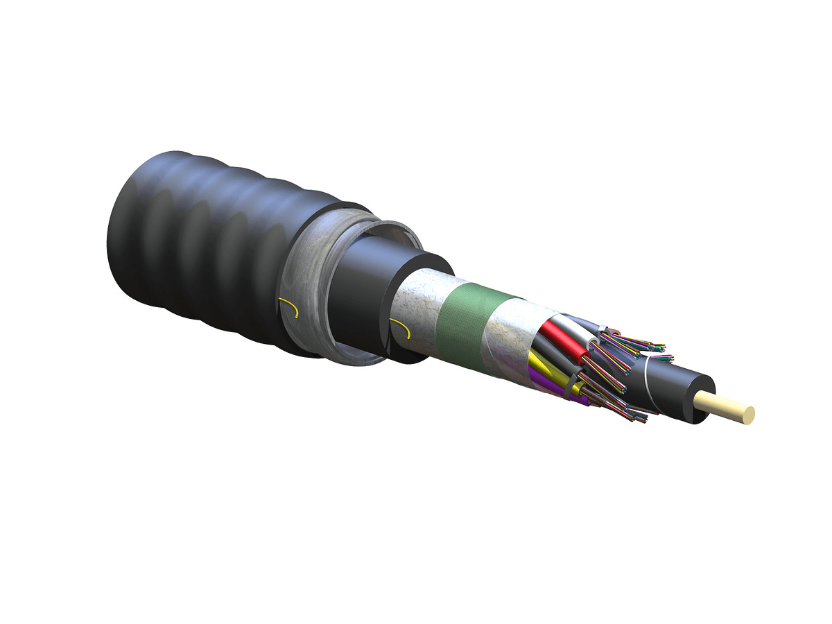 Corning 144ZUZ-T4101DAZ, 144 F LSZH™ Loose Tube Interlocking Armored Cable, Gel-Free, SMF-28® Ultra Fiber Single-Mode OS2