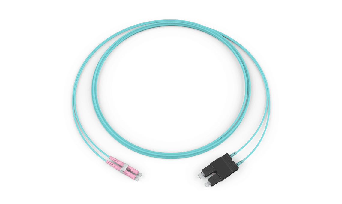 Corning 275702Q51PZ005M-RS, 5 Meters Rose Jacket Zipcord Riser OM4 50um 2F LC Duplex MM / Standard SC Duplex MM Non-Keyed Rose